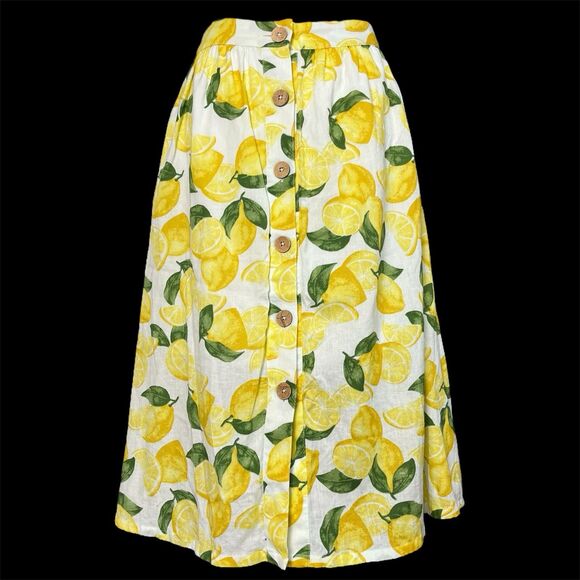 BCBG Lemon Print Linen Midi Skirt Small Button Front Feminine Romantic Whimsical - Picture 1 of 11